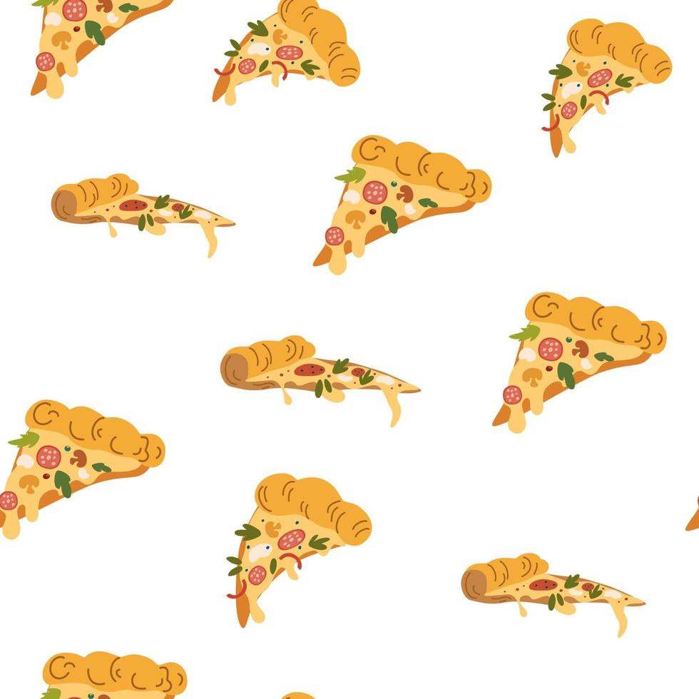 pizza de patrones sin fisuras. fondo de carne. rebanada diferente de pizza con queso, salchichas, champiñones, hierbas. perfecto para impresión, menús y restaurantes, textiles, papel de regalo. ilustración vectorial vector