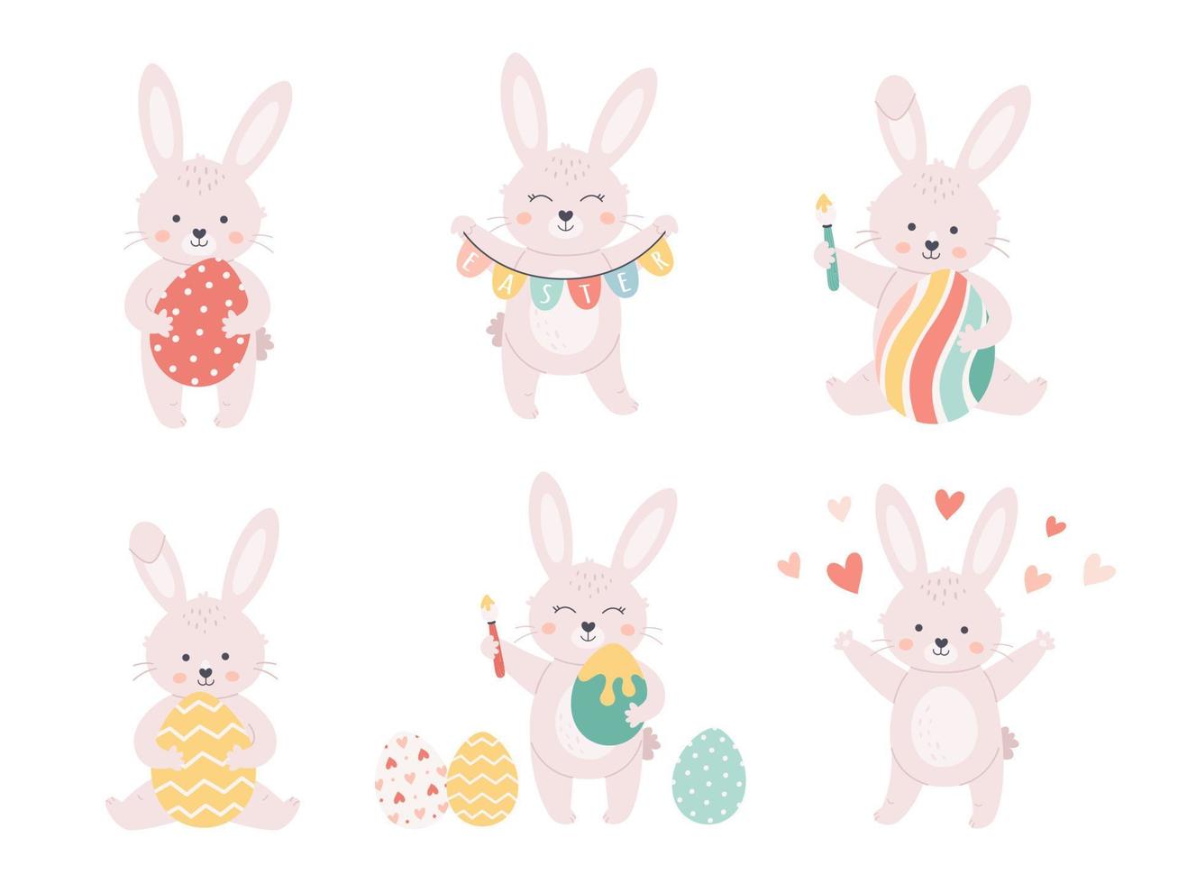 colección de conejitos de pascua. conejito con huevos de pascua. Felices Pascuas vector