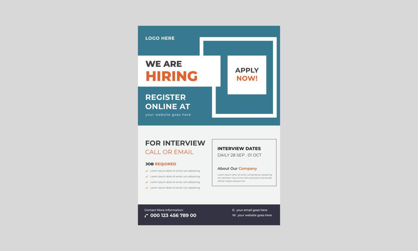 We are hiring flyer design. Job offer leaflet template, Job vacancy flyer poster template design, We are hiring job flyer template. vector