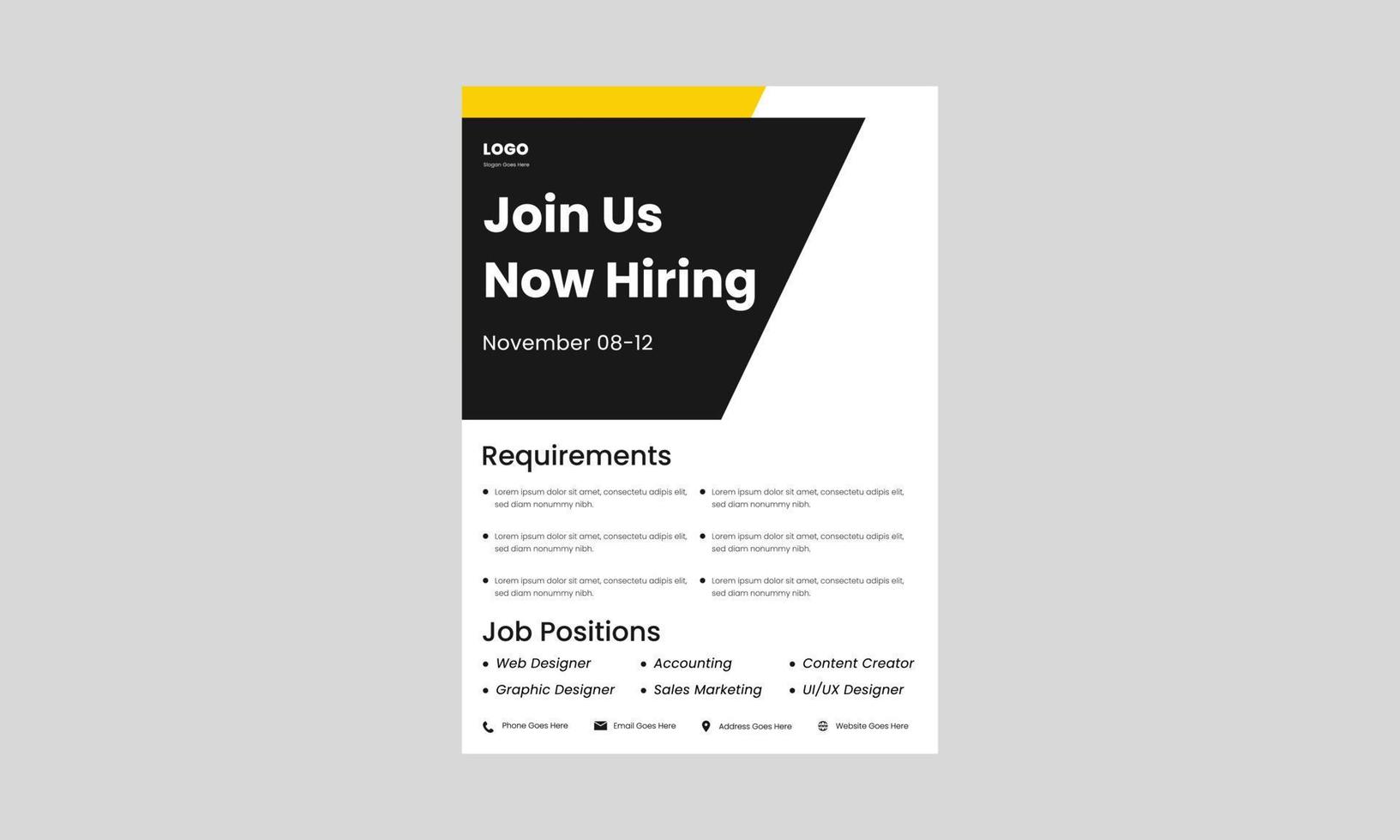 we are hiring flyer design template. hiring now flyer poster design. we are hiring join us design template. vector