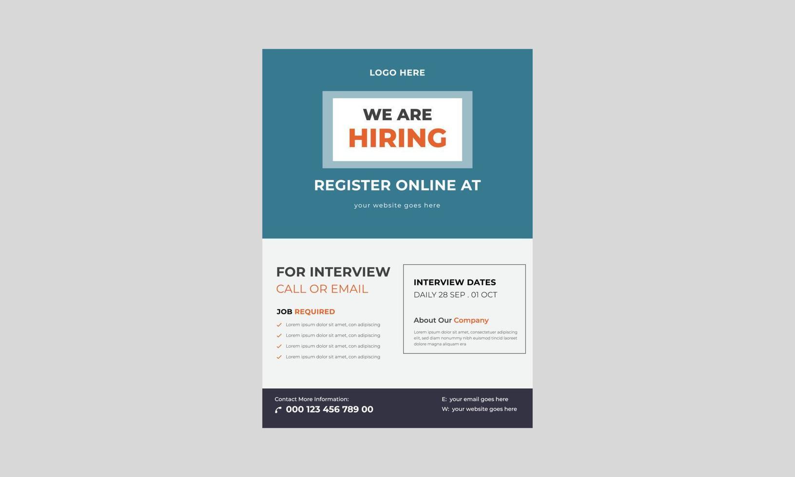 We are hiring flyer design. Job offer leaflet template, Job vacancy flyer poster template design, We are hiring job flyer template. vector