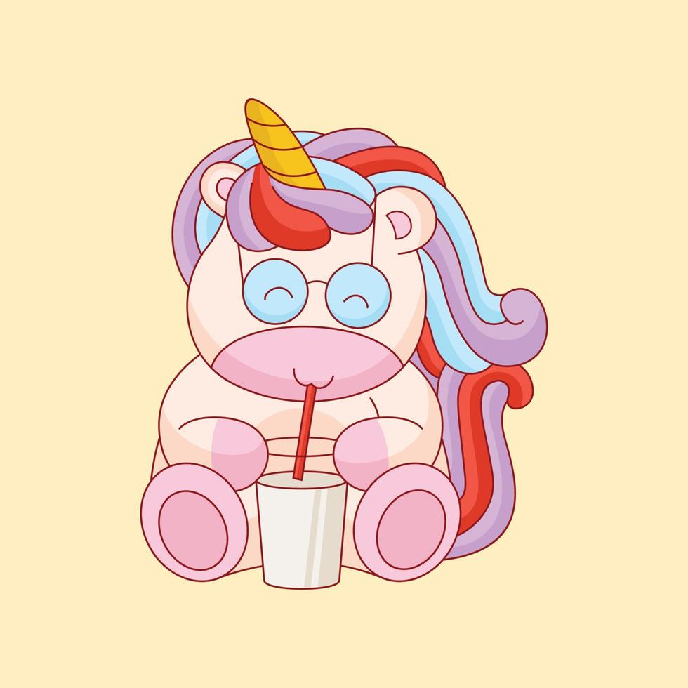 lindo unicornio beber leche dibujos animados vector ilustración