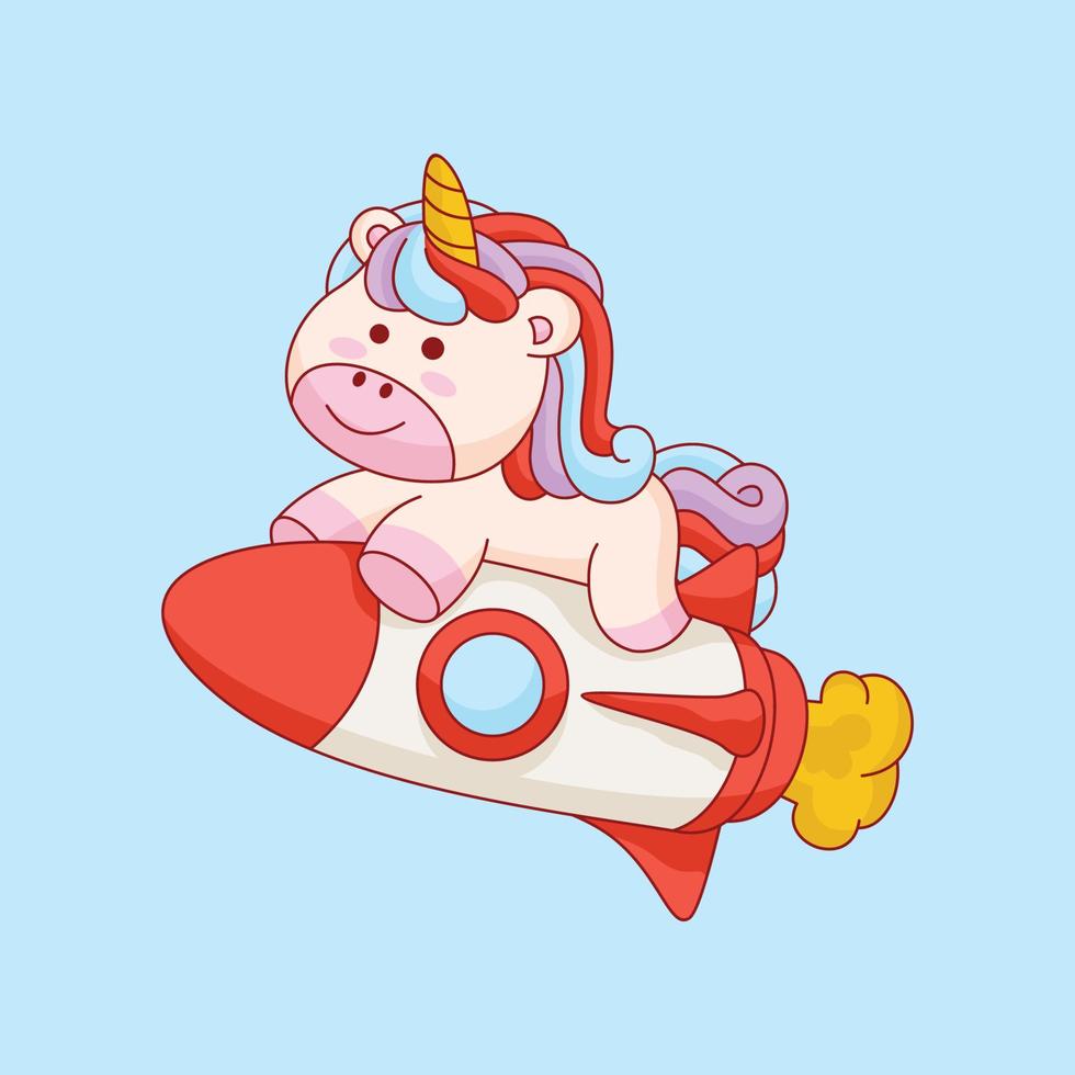 Cute unicorn launch with rocket cartoon vector illustration