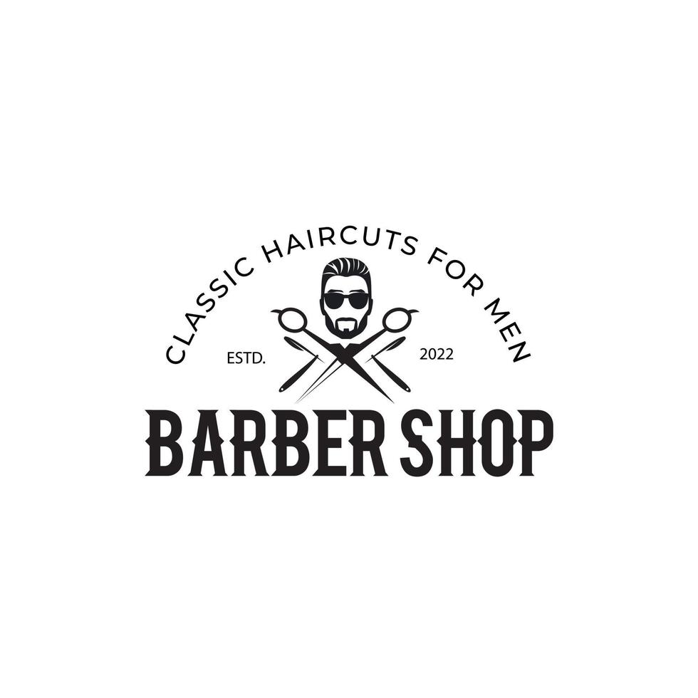 plantilla de vector de logotipo de barbería vintage, tijeras, pelo de hombre