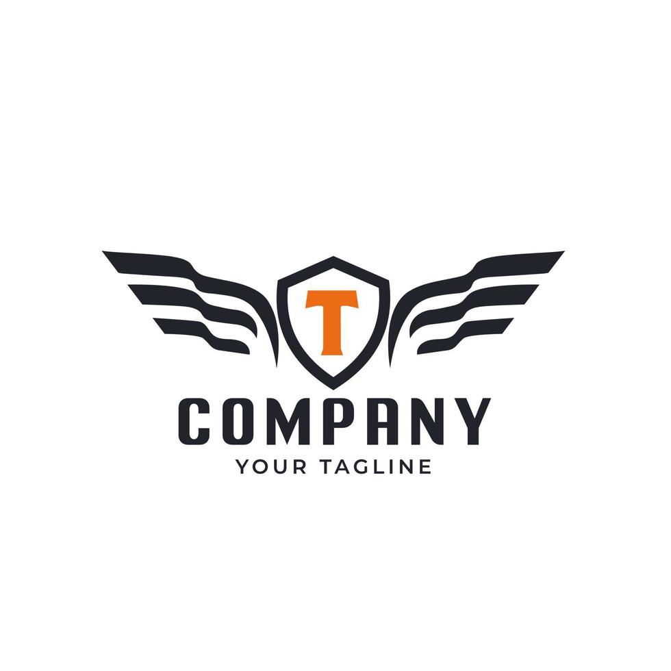 Design emblem with eagle wings and shield letter T inside. vector