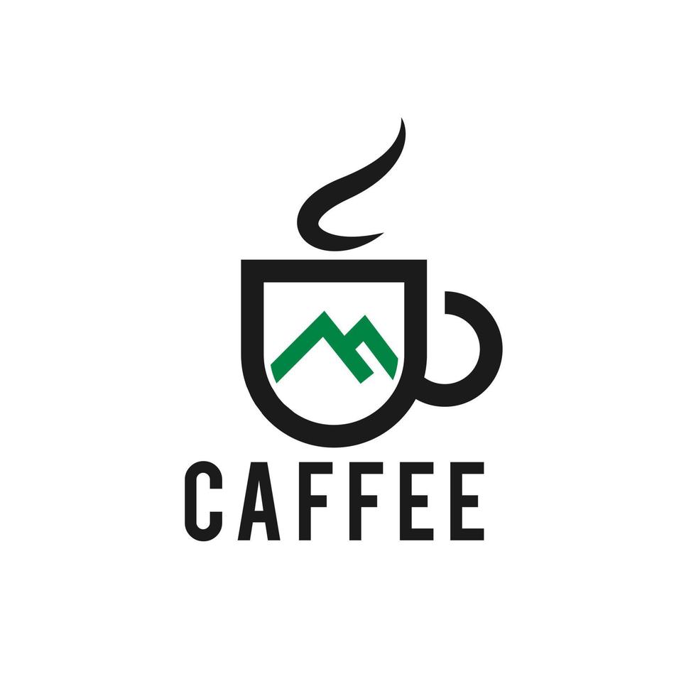 taza de logotipo de diseño de café caliente. fondo de montañas en la ilustración de vector morning.icon.symbol