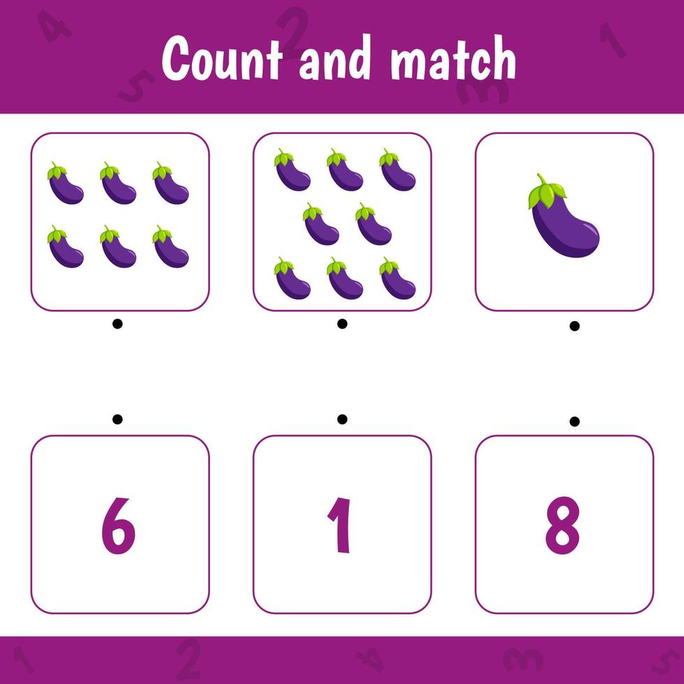 Count and match. Math game for children. Eggplant vector
