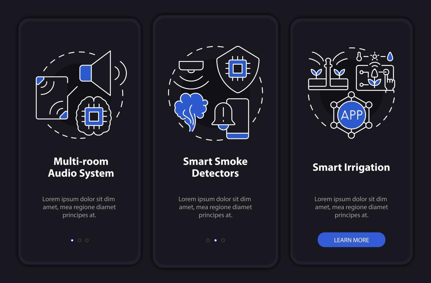 Home automation devices night mode onboarding mobile app screen. Walkthrough 3 steps graphic instructions pages with linear concepts. UI, UX, GUI template. Myriad Pro-Bold, Regular fonts used vector