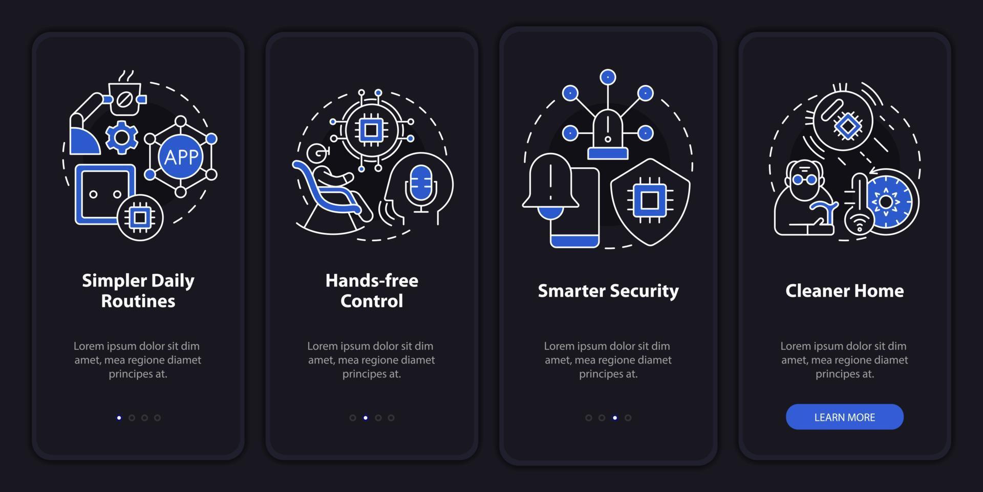Smart technology for elderly night mode onboarding mobile app screen. Walkthrough 4 steps graphic instructions pages with linear concepts. UI, UX, GUI template. Myriad Pro-Bold, Regular fonts used vector