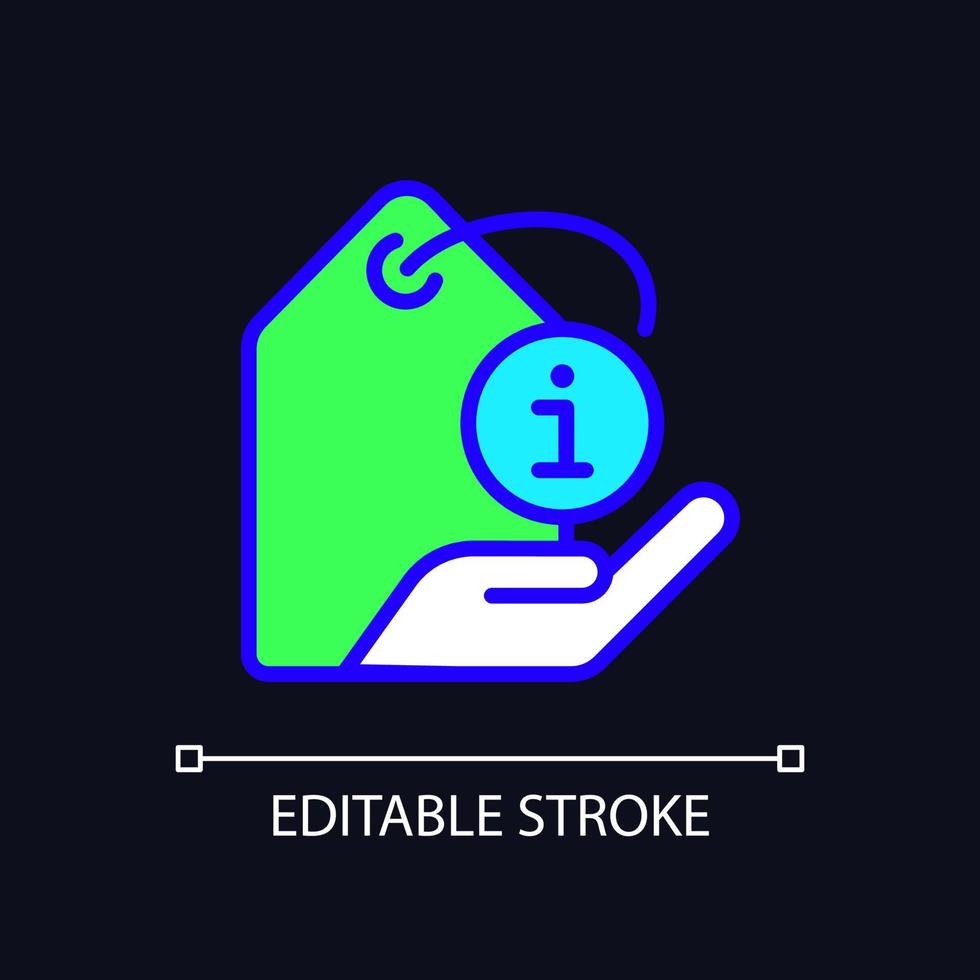 Product information pixel perfect RGB color icon for dark theme. Item description. Material and ingredients. Simple filled line drawing on night mode background. Editable stroke. Arial font used vector