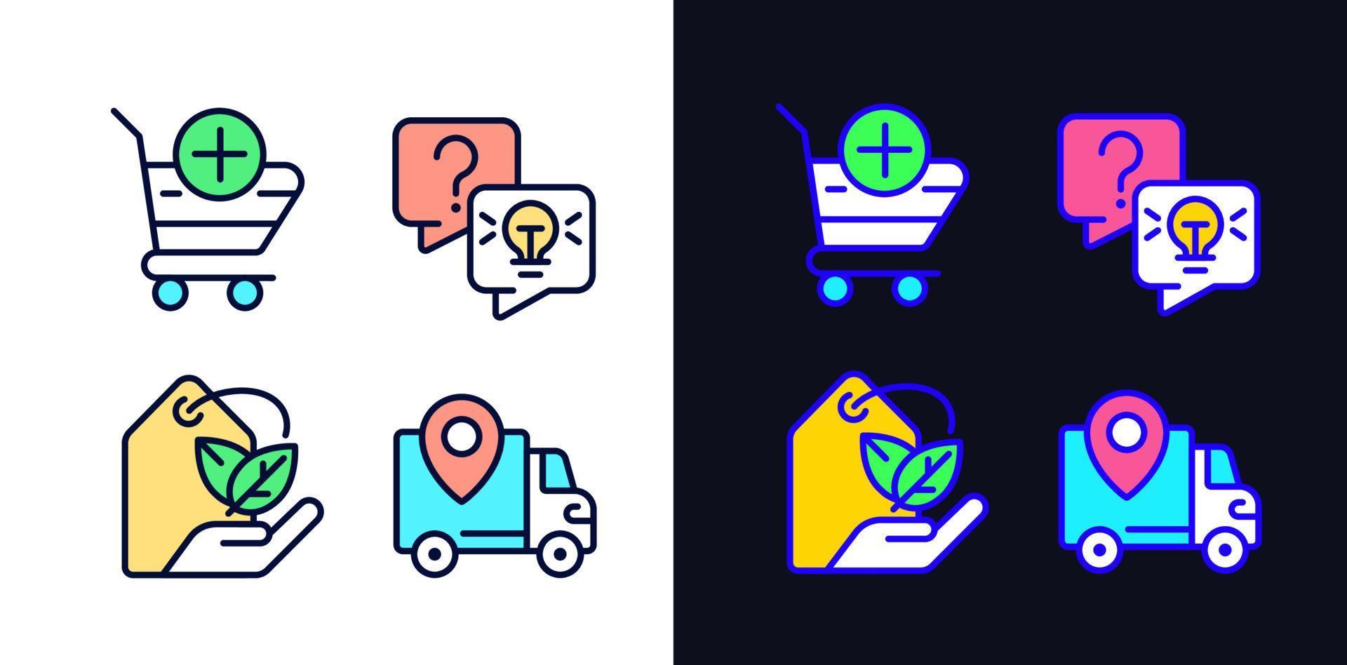 Online shopping services pixel perfect light and dark theme color icons set. Delivery regions. Ecofriendly product. Simple filled line drawings. Bright cliparts on white and black. Editable stroke vector