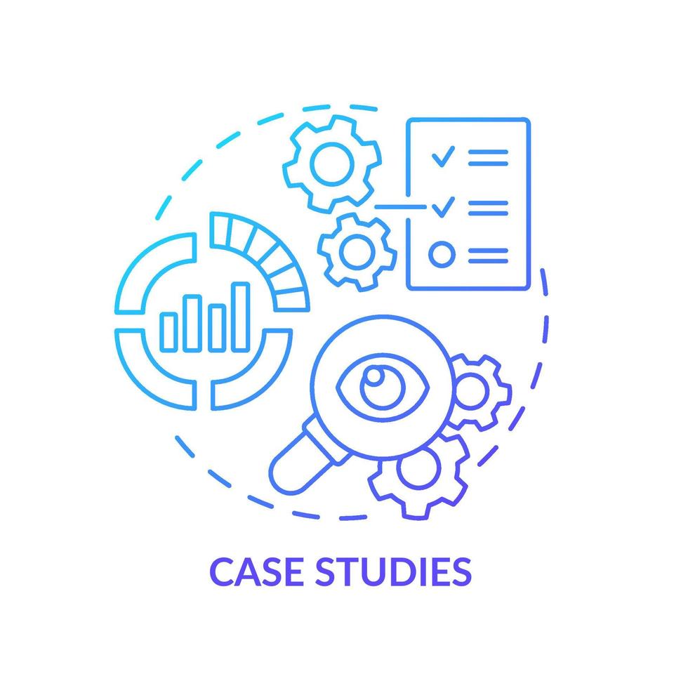 Case studies blue gradient concept icon. Promotion campaigns data. Data analysis. Marketing trend abstract idea thin line illustration. Isolated outline drawing. Myriad Pro-Bold font used vector