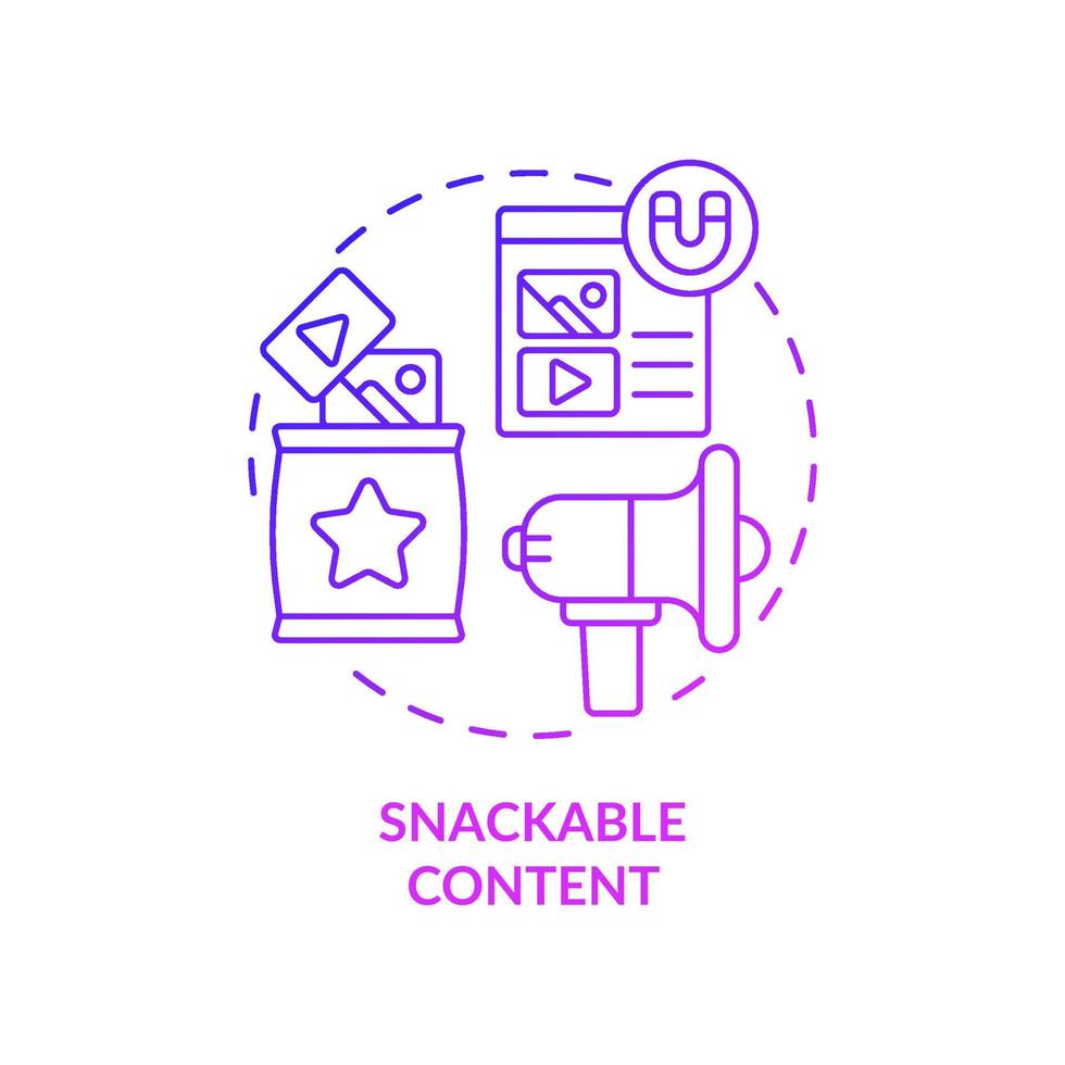 icono de concepto de degradado púrpura de contenido snackable. creación de estrategia smm. tendencia de marketing en Internet idea abstracta ilustración de línea delgada. dibujo de contorno aislado. innumerables fuentes pro-bold utilizadas vector