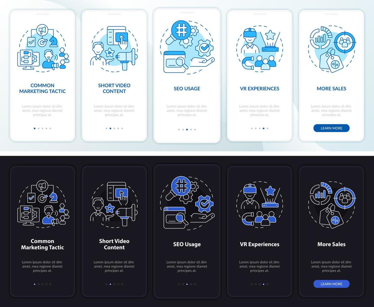 Current marketing trends night and day mode onboarding mobile app screen. Walkthrough 5 steps graphic instructions pages with linear concepts. UI, UX, GUI template. Myriad Pro-Bold, Regular fonts used vector