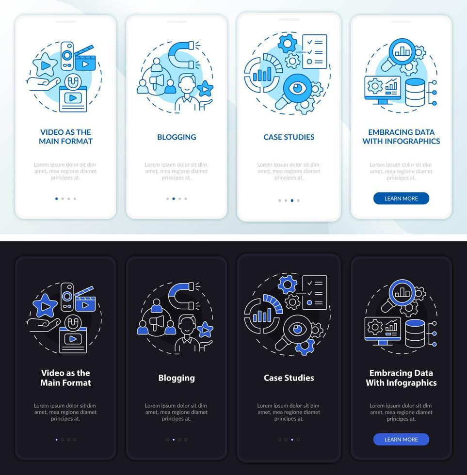 Content marketing trends night and day mode onboarding mobile app screen. Walkthrough 4 steps graphic instructions pages with linear concepts. UI, UX, GUI template. Myriad Pro-Bold, Regular fonts used vector