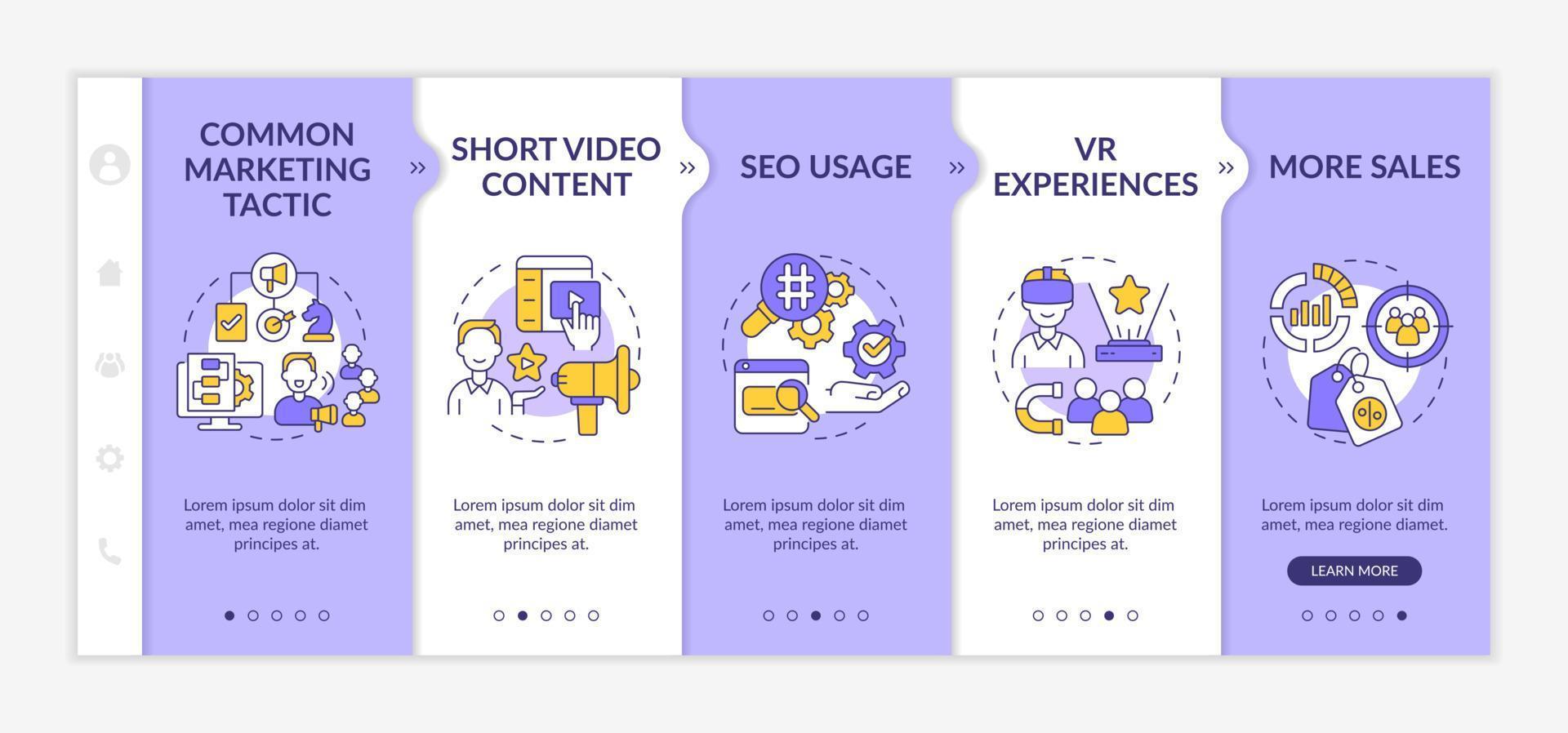 Current marketing trends purple and white onboarding template. Responsive mobile website with linear concept icons. Web page walkthrough 5 step screens. Lato-Bold, Regular fonts used vector