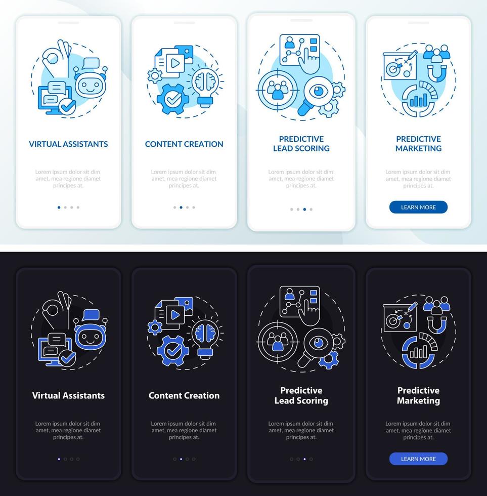 Usage of AI in marketing night and day mode onboarding mobile app screen. Walkthrough 4 steps graphic instructions pages with linear concepts. UI, UX, GUI template. Myriad Pro-Bold, Regular fonts used vector