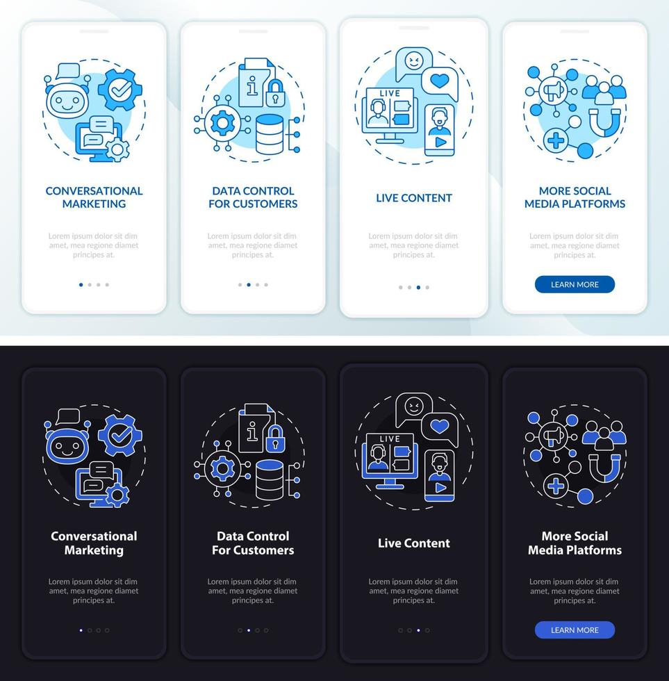 tendencias de marketing modernas modo día y noche incorporando la pantalla de la aplicación móvil. tutorial 4 pasos páginas de instrucciones gráficas con conceptos lineales. interfaz de usuario, ux, plantilla de interfaz gráfica de usuario. innumerables fuentes pro-negrita y regulares utilizadas vector