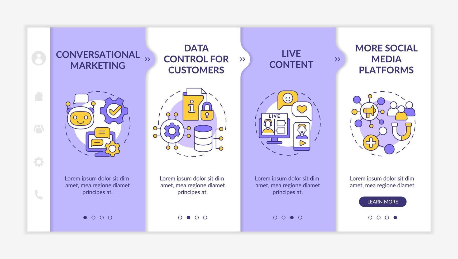 Modern marketing trends purple and white onboarding template. Responsive mobile website with linear concept icons. Web page walkthrough 4 step screens. Lato-Bold, Regular fonts used vector