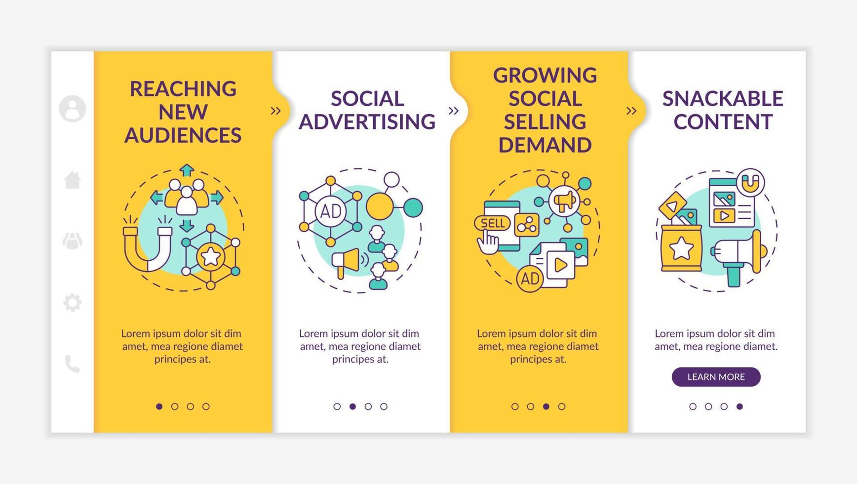 SMM marketing trends yellow onboarding template. Network advertise. Responsive mobile website with linear concept icons. Web page walkthrough 4 step screens. Lato-Bold, Regular fonts used vector