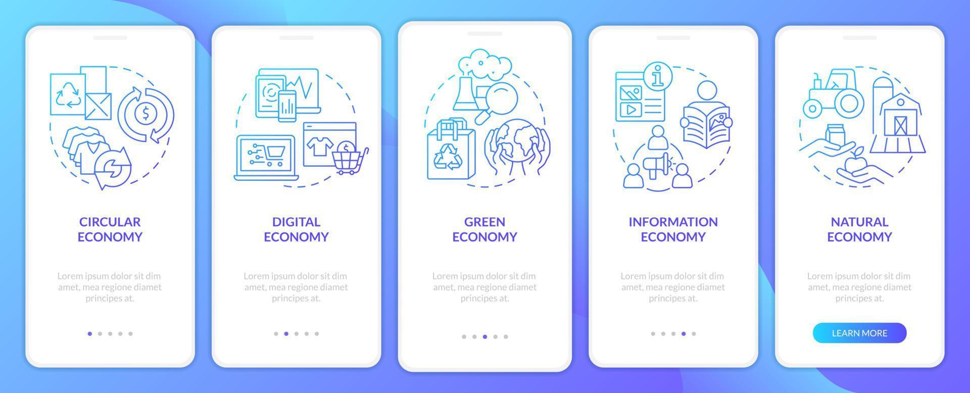 pantalla de aplicación móvil de incorporación de gradiente azul de modelos económicos. tutorial de marketing 5 pasos páginas de instrucciones gráficas con conceptos lineales. interfaz de usuario, ux, plantilla de interfaz gráfica de usuario. innumerables fuentes pro-negrita y regulares utilizadas vector