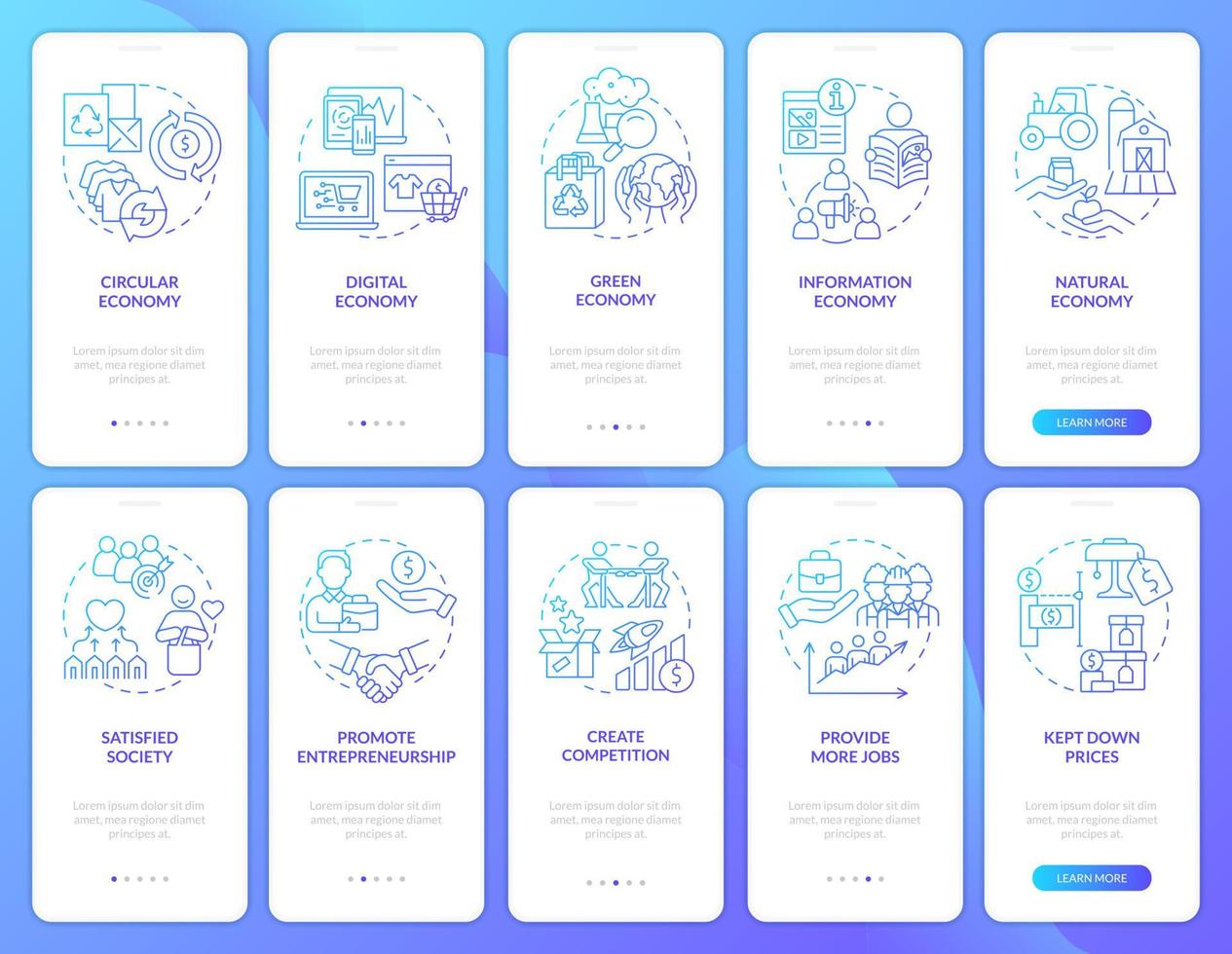 Economic systems blue gradient onboarding mobile app screen set. Walkthrough 5 steps graphic instructions pages with linear concepts. UI, UX, GUI template. Myriad Pro-Bold, Regular fonts used vector