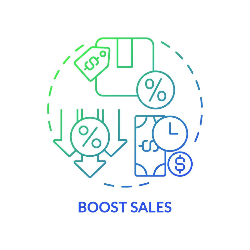 Boost sales green blue gradient concept icon. Dynamic pricing abstract idea thin line illustration. Implementing marketing tactic. Isolated outline drawing. Roboto-Medium, Myriad Pro-Bold fonts used vector