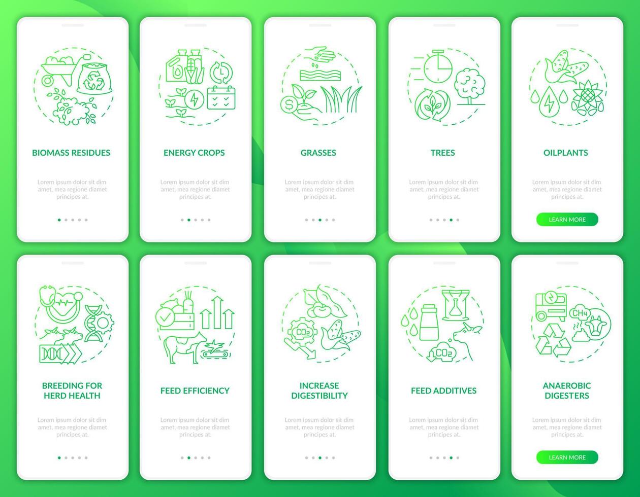 Agricultural revolution green gradient onboarding mobile app screen set. Walkthrough 5 steps graphic instructions pages with linear concepts. UI, UX, GUI template. Myriad Pro-Bold, Regular fonts used vector