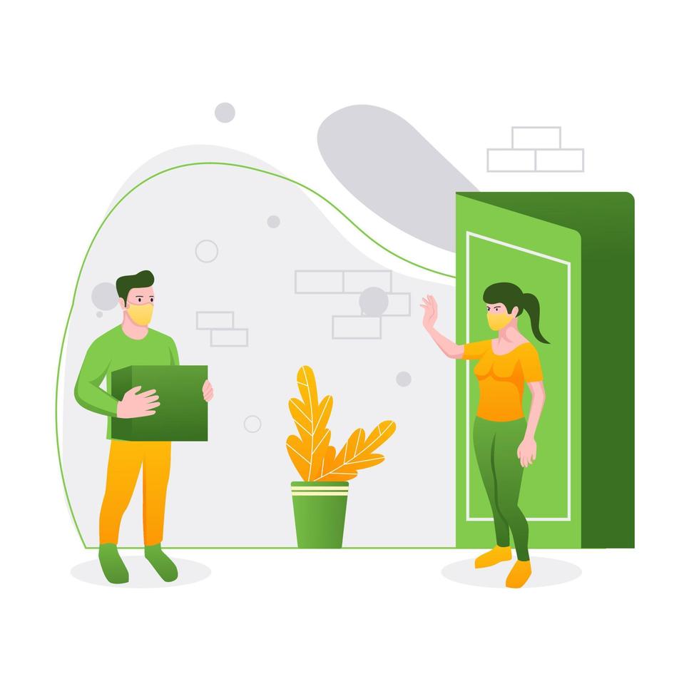 Contactless delivery concept illustration. Courier man in protective masks and gloves with box, safe distance, ordering online, covid-19, coronavirus. Flat vector illustration, isolated objects.s