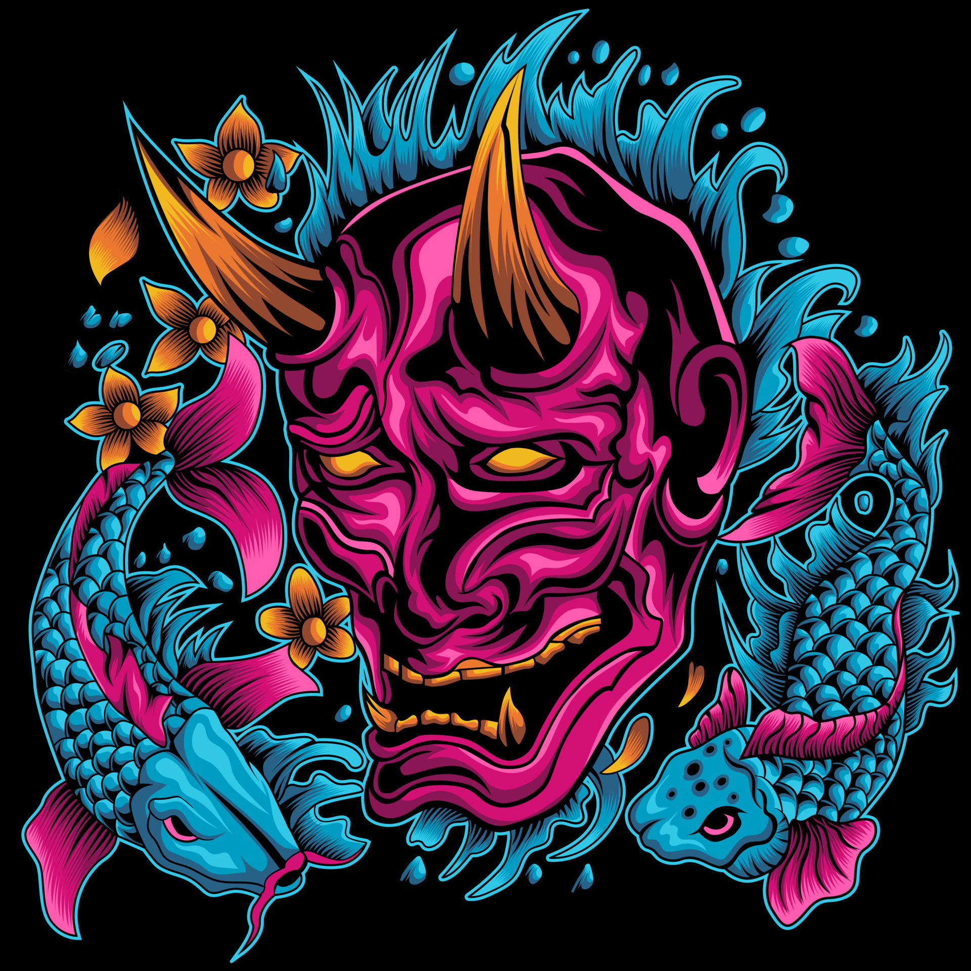 Oni mask with koi fish illustration 6408581 Vector Art at Vecteezy