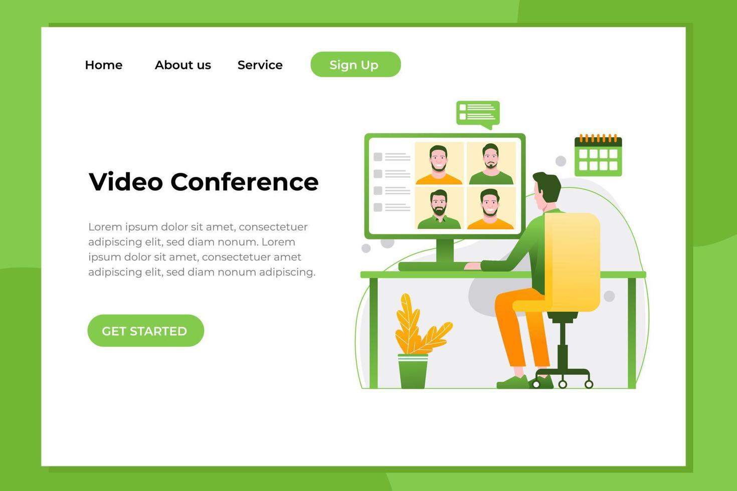 Video conference landing. People on computer screen taking with colleague. Videoconferencing and online meeting workspace vector page