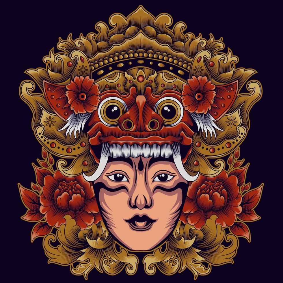 la belleza de bali. máscara de barong con ilustración de niña balinesa vector