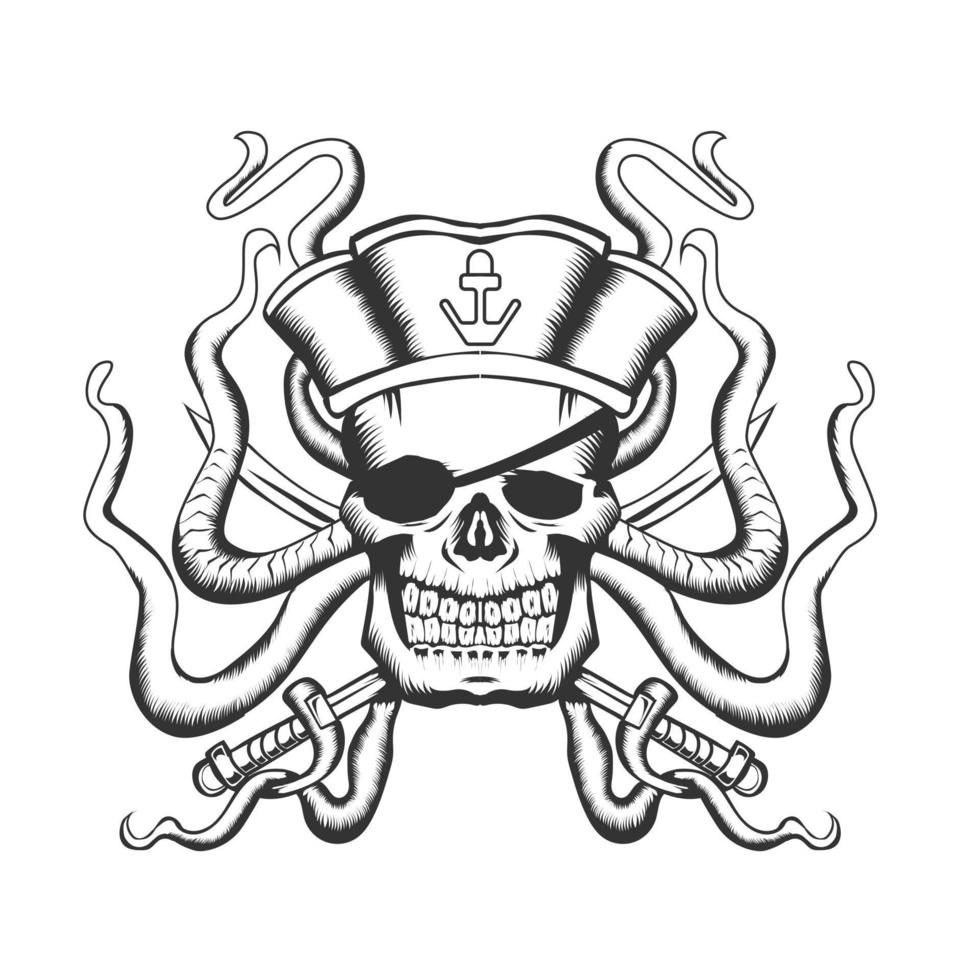 caribbean skull in hand drawing style. good use for tattoo, merchandise vector