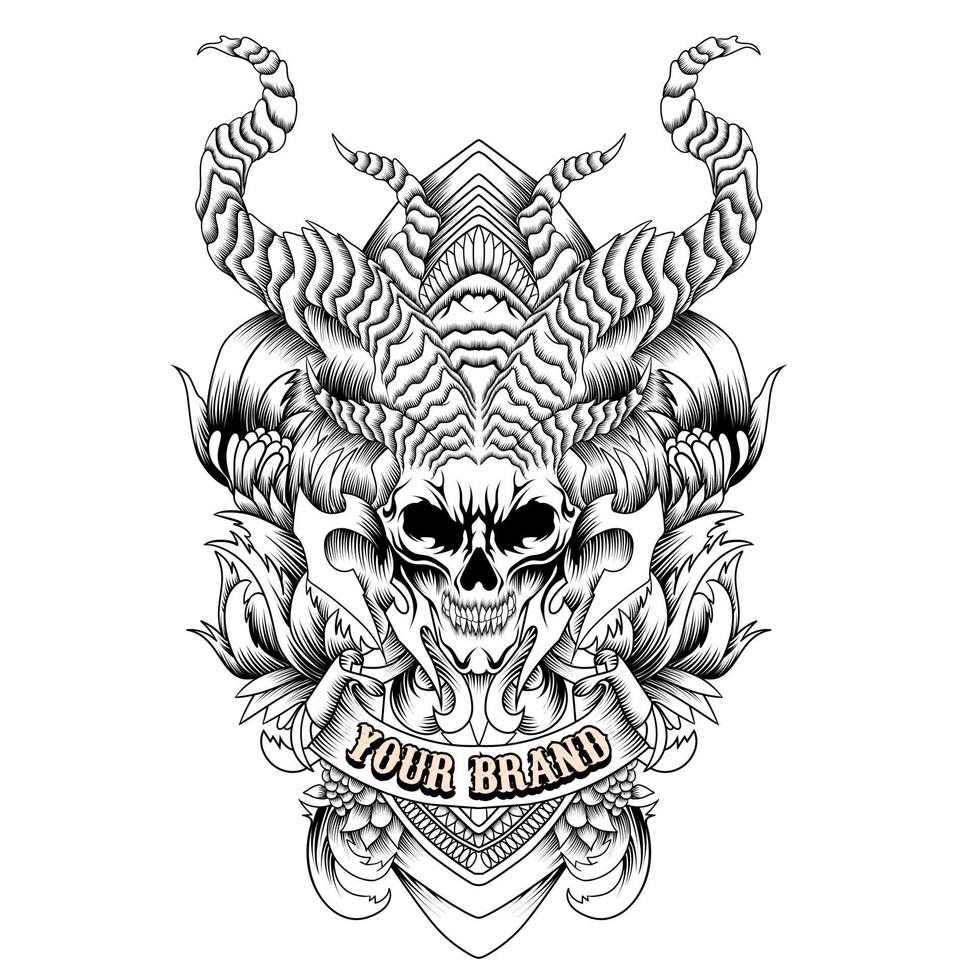 vector de cráneo con estilo de tatuaje de cuernos en blanco y negro