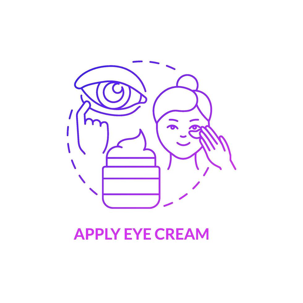 Apply eye cream purple gradient concept icon. Under eye zone treatment. Skincare routine abstract idea thin line illustration. Isolated outline drawing. Roboto-Medium, Myriad Pro-Bold fonts used vector