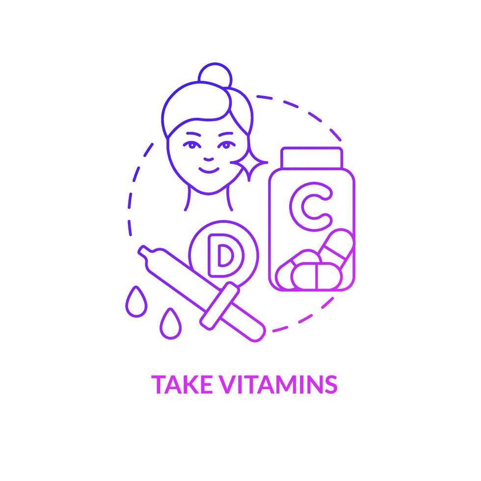 Take vitamins purple gradient concept icon. Supplement for beauty. Skincare routine abstract idea thin line illustration. Isolated outline drawing. Roboto-Medium, Myriad Pro-Bold fonts used vector