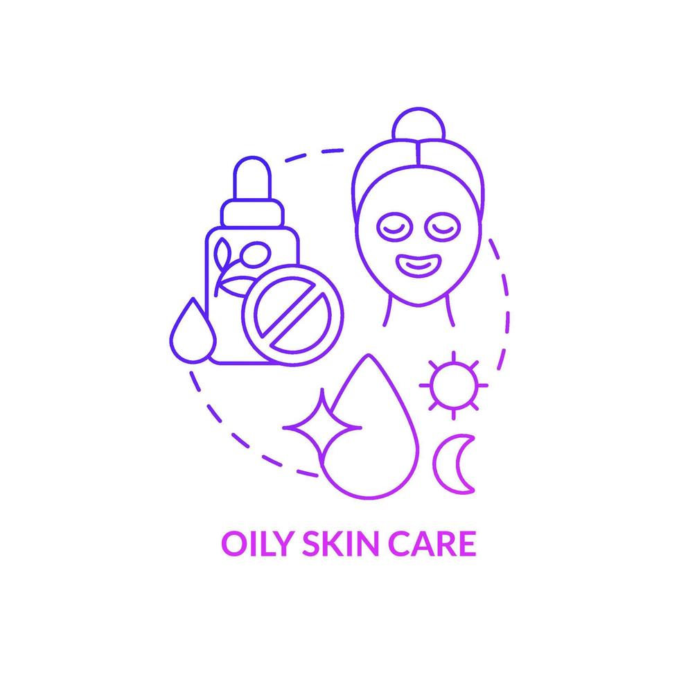 Oily skin care purple gradient concept icon. Perfect care. Everyday routine procedures abstract idea thin line illustration. Isolated outline drawing. Roboto-Medium, Myriad Pro-Bold fonts used vector