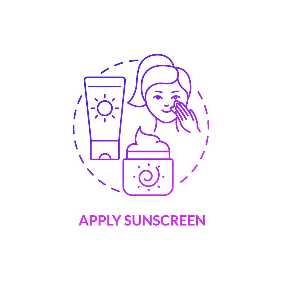 Apply sunscreen purple gradient concept icon. Protect skin from ultraviolet. Summer skincare abstract idea thin line illustration. Isolated outline drawing. Roboto-Medium, Myriad Pro-Bold fonts used vector