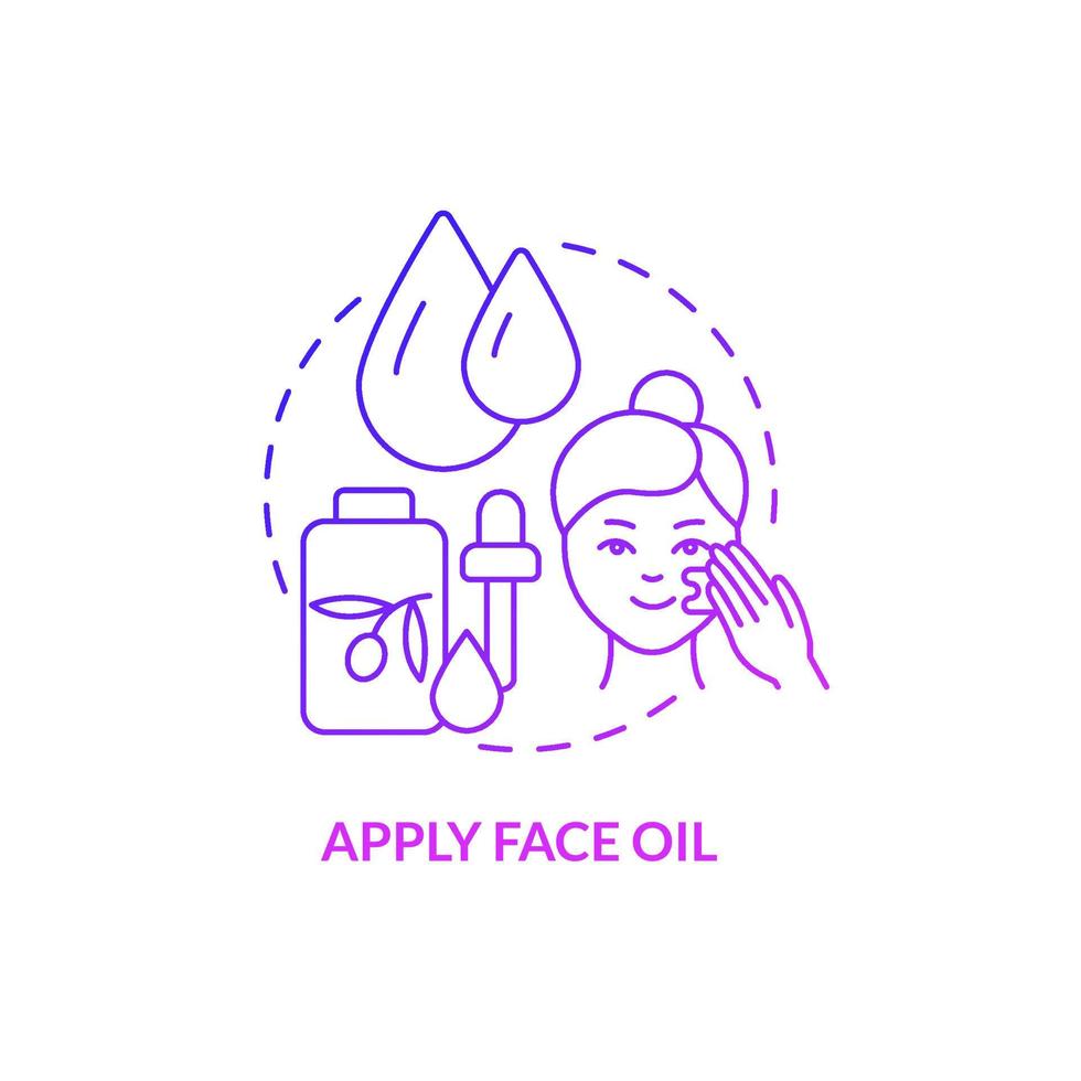 Apply face oil purple gradient concept icon. Cosmetic product. Skincare routine procedure abstract idea thin line illustration. Isolated outline drawing. Roboto-Medium, Myriad Pro-Bold fonts used vector