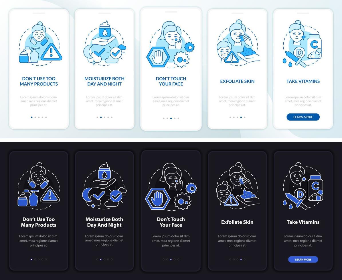 Skincare tips night and day mode onboarding mobile app screen. Skin walkthrough 5 steps graphic instructions pages with linear concepts. UI, UX, GUI template. Myriad Pro-Bold, Regular fonts used vector