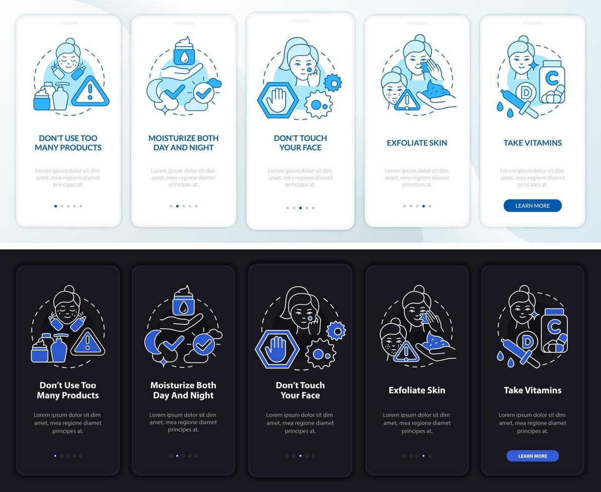 Consejos para el cuidado de la piel en la pantalla de la aplicación móvil incorporada en el modo día y noche. tutorial de piel 5 pasos páginas de instrucciones gráficas con conceptos lineales. interfaz de usuario, ux, plantilla de interfaz gráfica de usuario. innumerables fuentes pro-negrita y regulares utilizadas vector