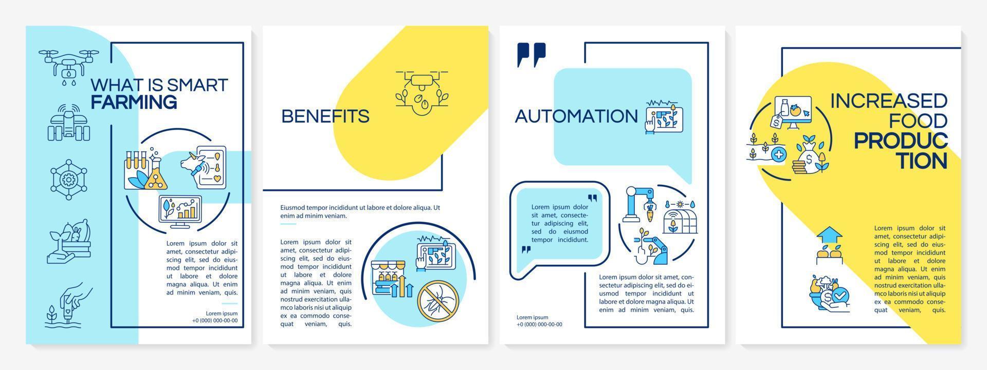 Smart agriculture blue and yellow brochure template. Food production. Booklet print design with linear icons. Vector layouts for presentation, annual reports, ads. Questrial, Lato-Regular fonts used