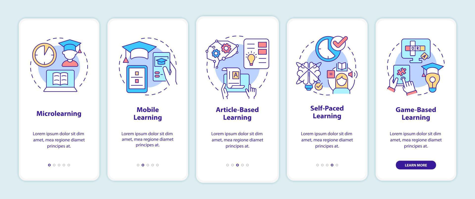 Elearning methods onboarding mobile app screen. Digital education walkthrough 5 steps graphic instructions pages with linear concepts. UI, UX, GUI template. Myriad Pro-Bold, Regular fonts used vector