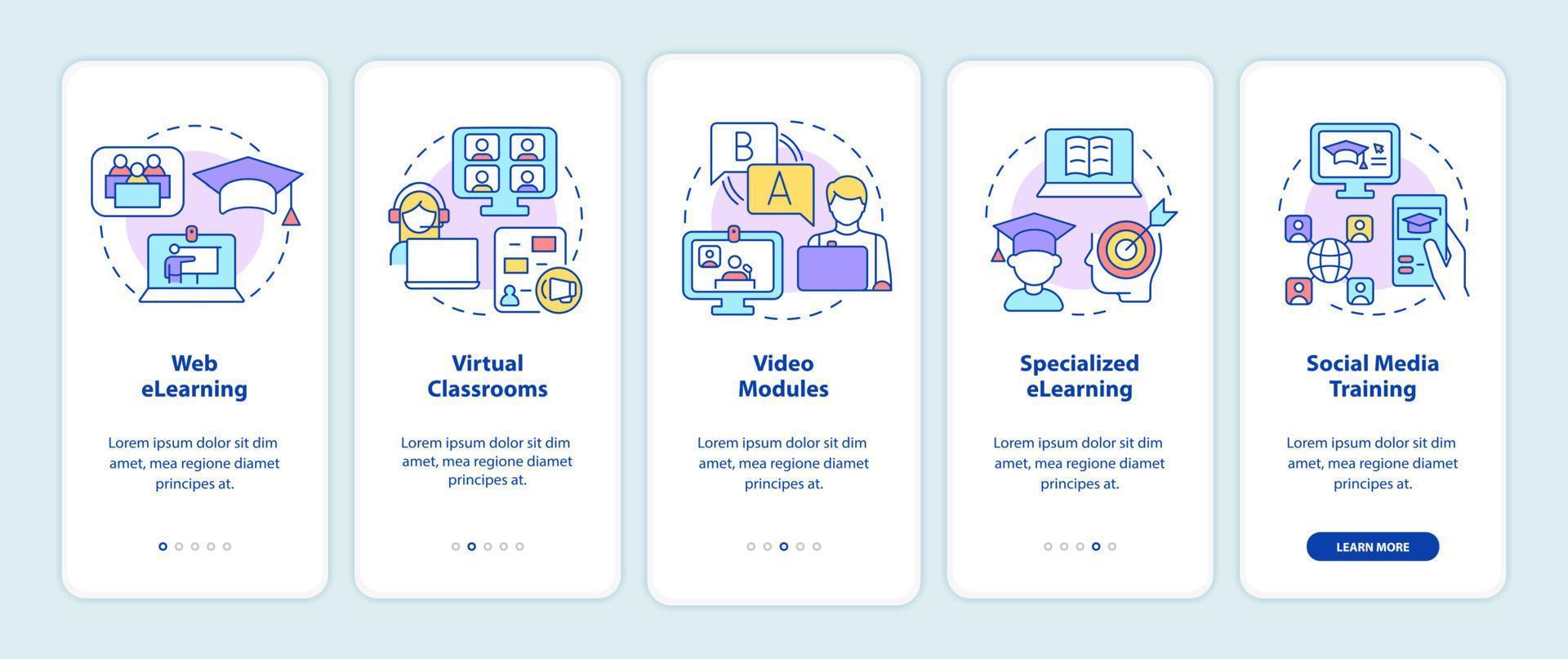 Elearning types onboarding mobile app screen. Online education walkthrough 5 steps graphic instructions pages with linear concepts. UI, UX, GUI template. Myriad Pro-Bold, Regular fonts used vector