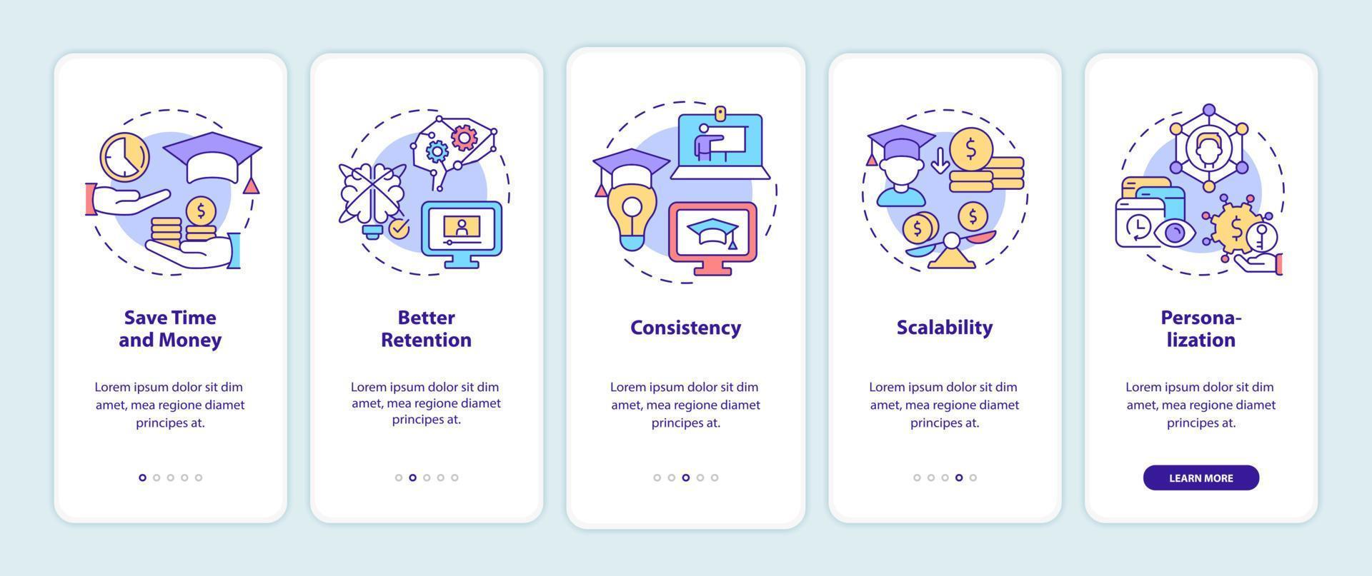 Advantages of elearning onboarding mobile app screen. Online education walkthrough 5 steps graphic instructions pages with linear concepts. UI, UX, GUI template. Myriad Pro-Bold, Regular fonts used vector