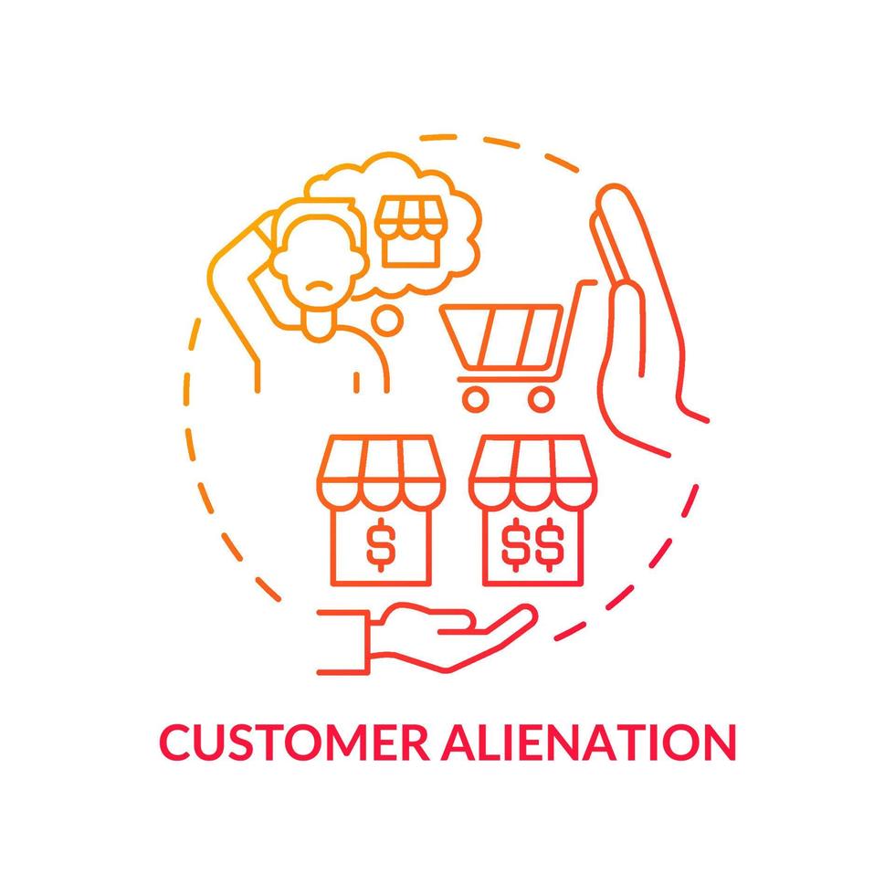 Customer alienation red gradient concept icon. Losing client trust and loyalty abstract idea thin line illustration. Isolated outline drawing. Roboto-Medium, Myriad Pro-Bold fonts used vector