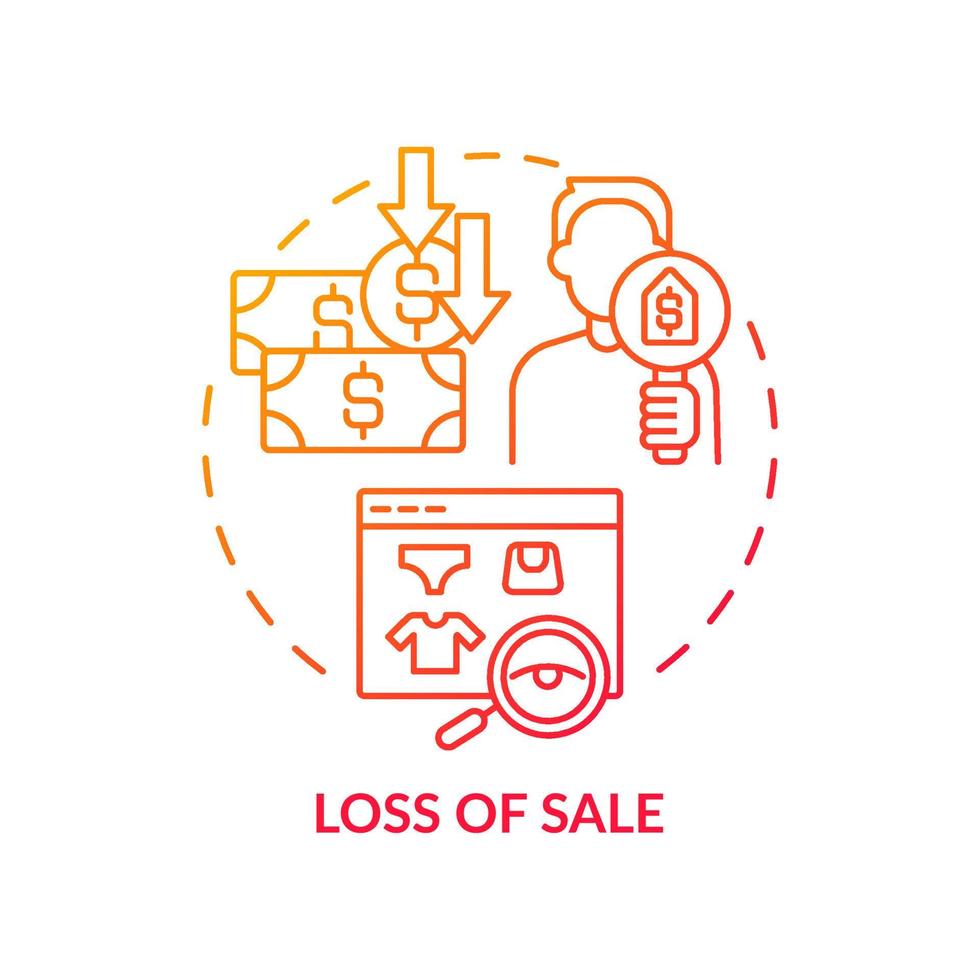 Loss of sale red gradient concept icon. Experiencing shortfall in income abstract idea thin line illustration. Lost revenues. Isolated outline drawing. Roboto-Medium, Myriad Pro-Bold fonts used vector