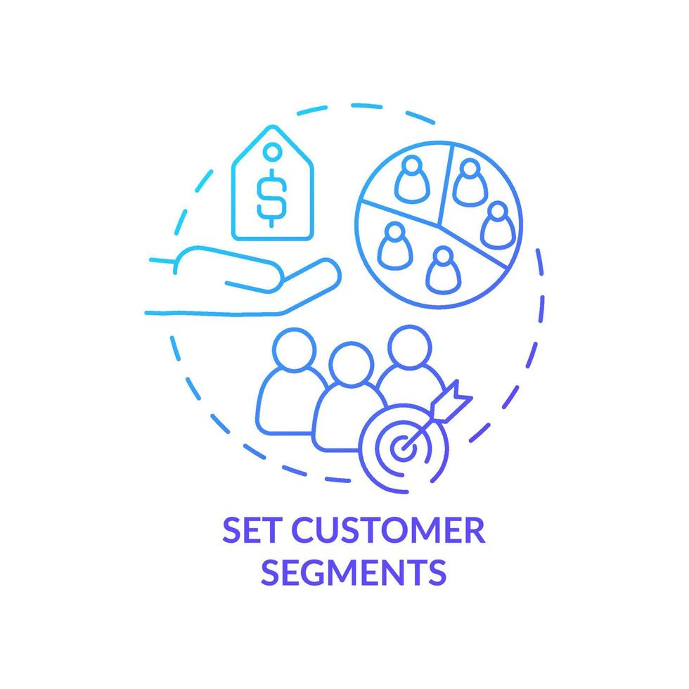 Set customer segments blue gradient concept icon. Dividing consumers into groups abstract idea thin line illustration. Isolated outline drawing. Roboto-Medium, Myriad Pro-Bold fonts used vector