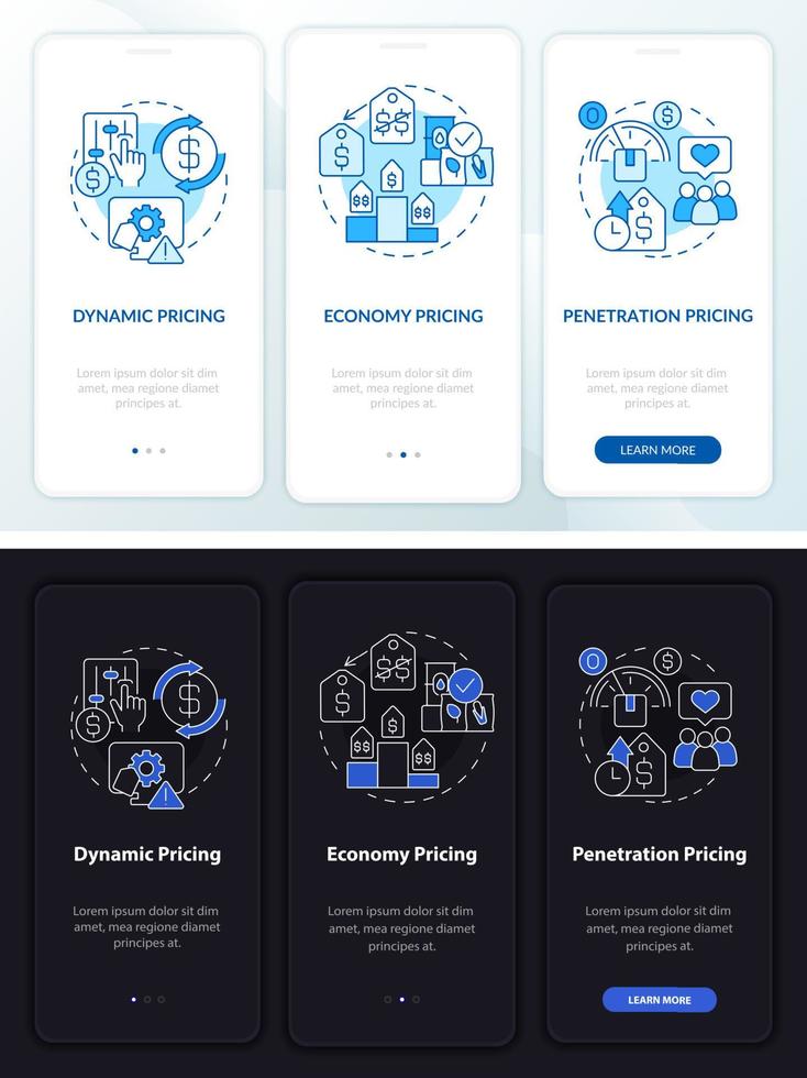 General pricing methods night and day mode onboarding mobile app screen. Walkthrough 3 steps graphic instructions pages with linear concepts. UI, UX, GUI template. Myriad Pro-Bold, Regular fonts used vector