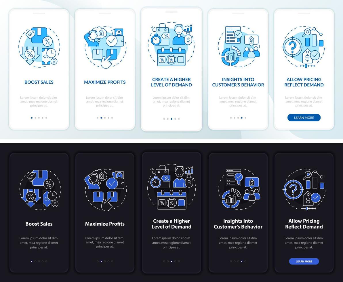 Dynamic pricing pros night and day mode onboarding mobile app screen. Walkthrough 5 steps graphic instructions pages with linear concepts. UI, UX, GUI template. Myriad Pro-Bold, Regular fonts used vector